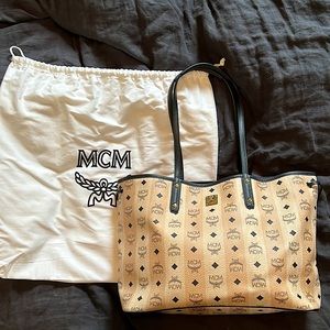 MCM Visetos Medium Black Beige Stripe Tote